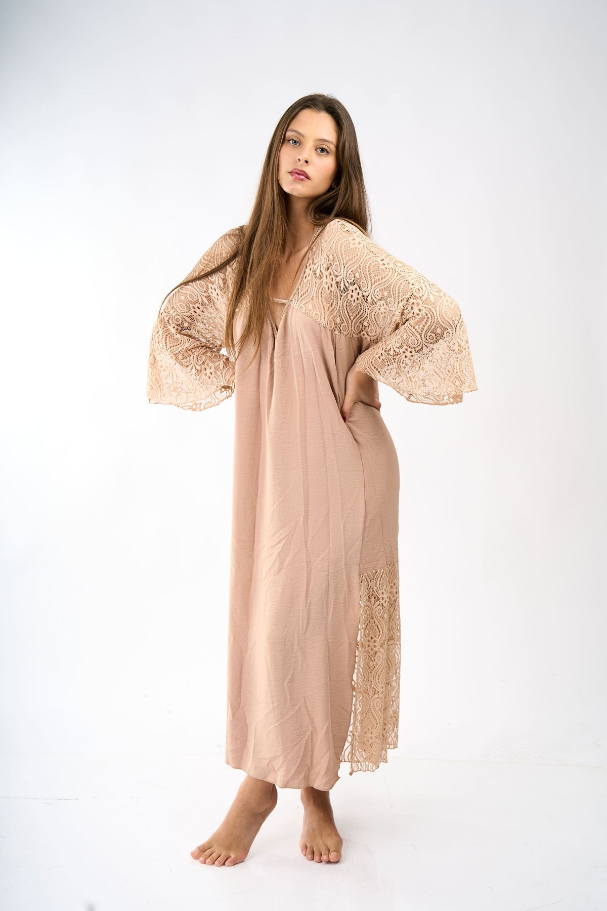 Olga Cover-Up Beige With Lace and Hand-Finished Details
